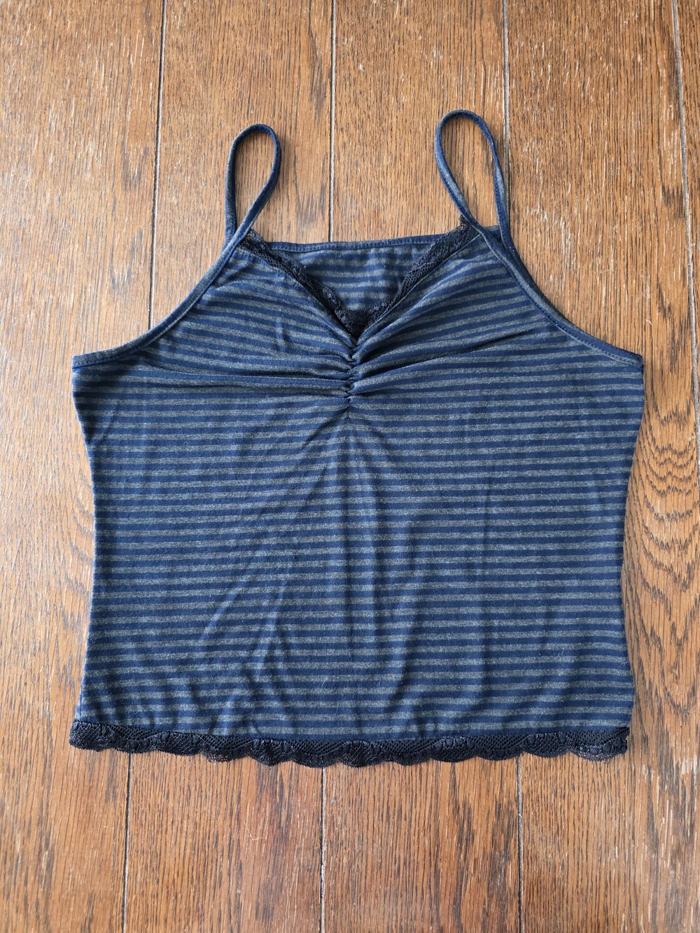 ROMWE Navy and Gray Striped Lace-Trim Spaghetti Strap Cami
